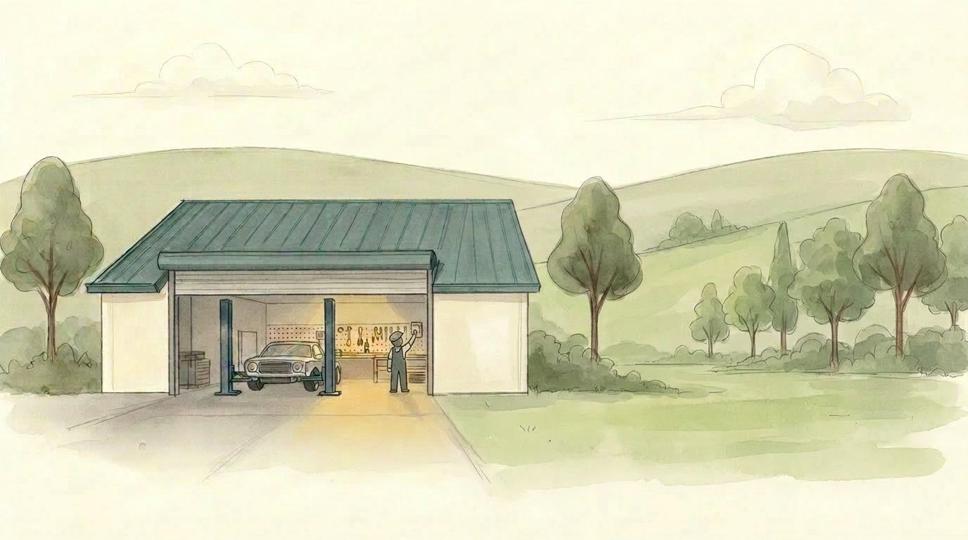 A hand-painted illustration of a small group of garage employees huddled together in a workshop