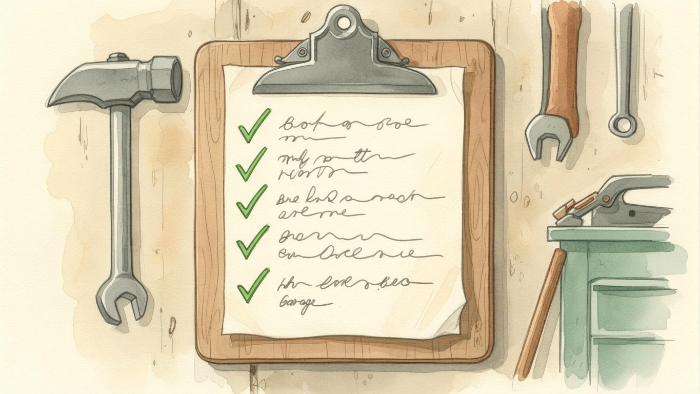 A hand-painted illustration of a workshop checklist on the wall with several items ticked off