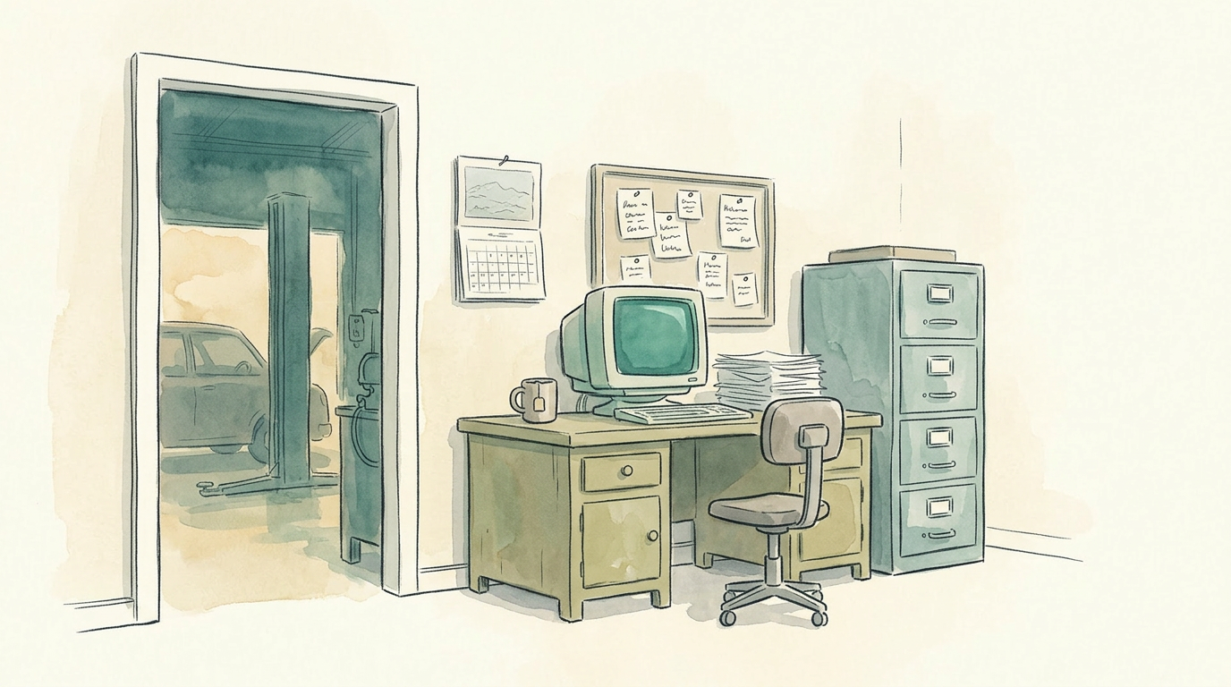 A hand-painted illustration of the back office inside a garage workshop