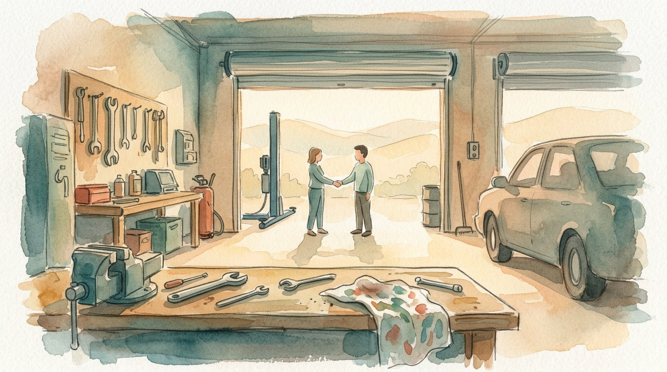 A hand-painted illustration of two people shaking hands in a vehicle repair garage