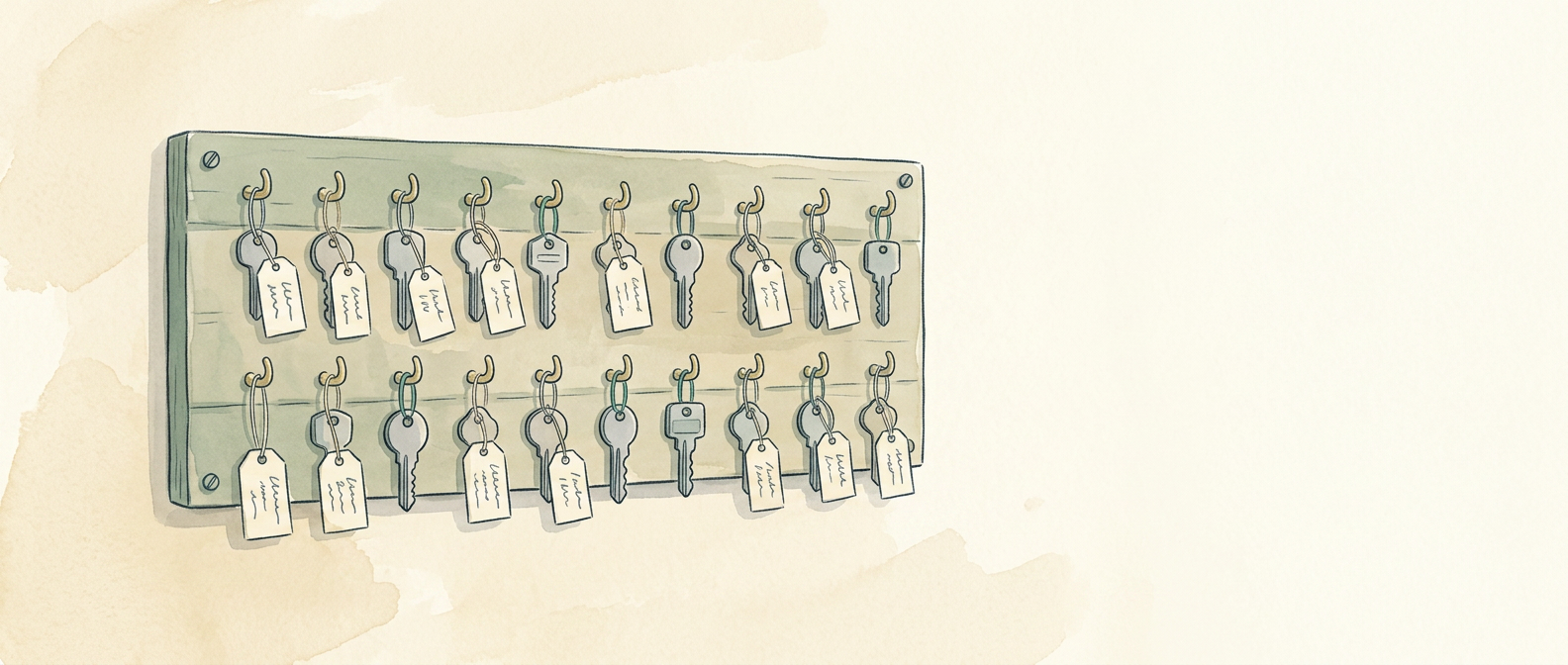 A hand-painted illustration of a workshop key board with tagged car keys