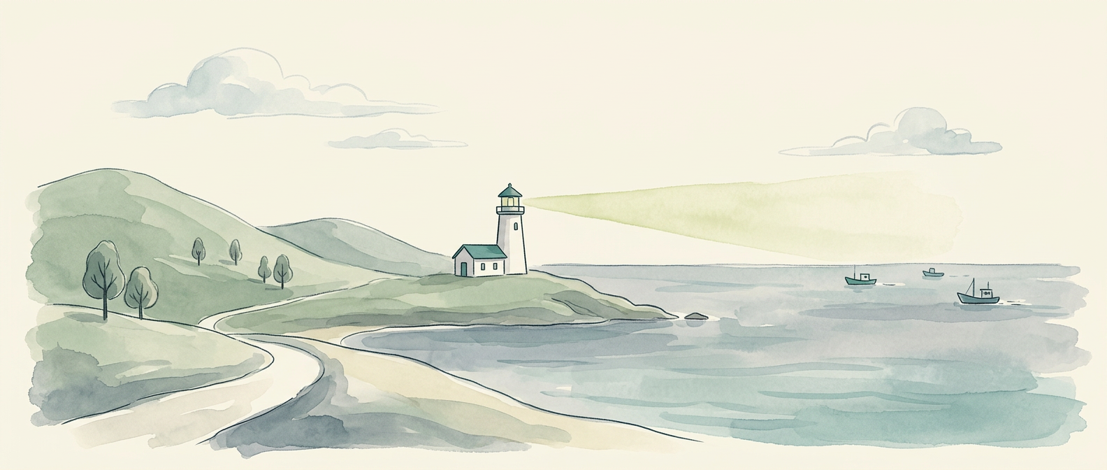 A hand-painted illustration of a lighthouse guiding ships in the distance